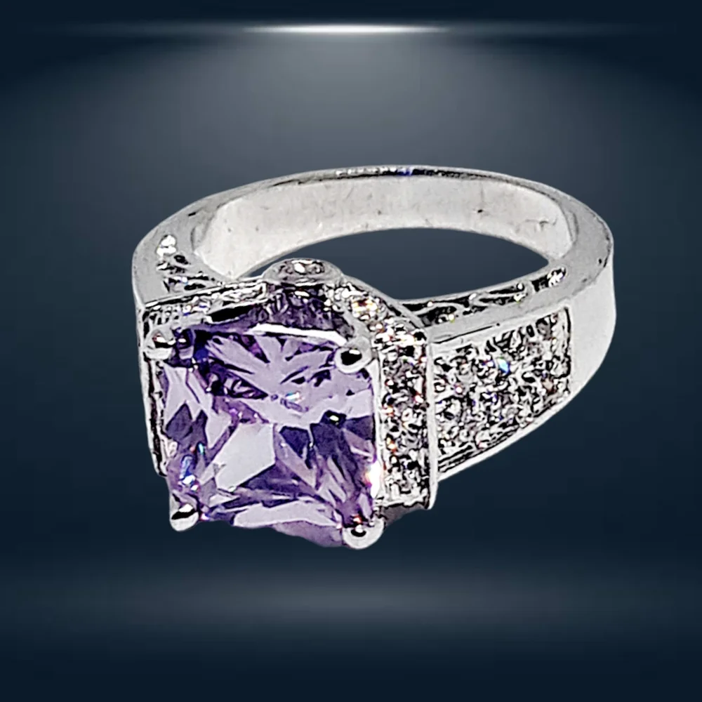 Princess-Cut Brilliant Amethyst Color Stone Cocktail Silver Ring